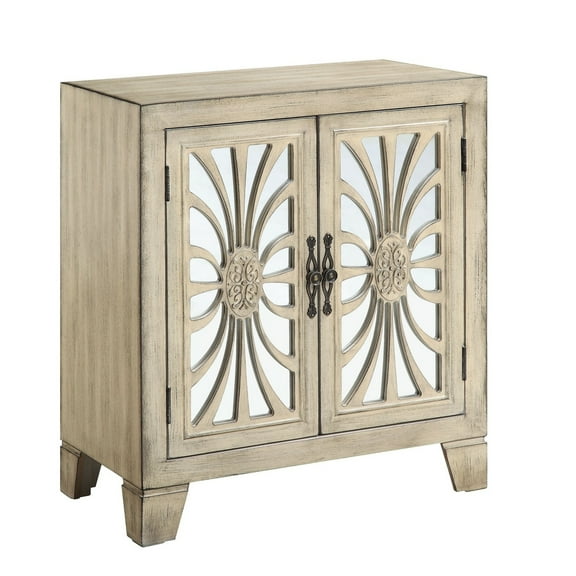 Benjara Console Table with 2 Glass Doors and Floral Motif- Antique White