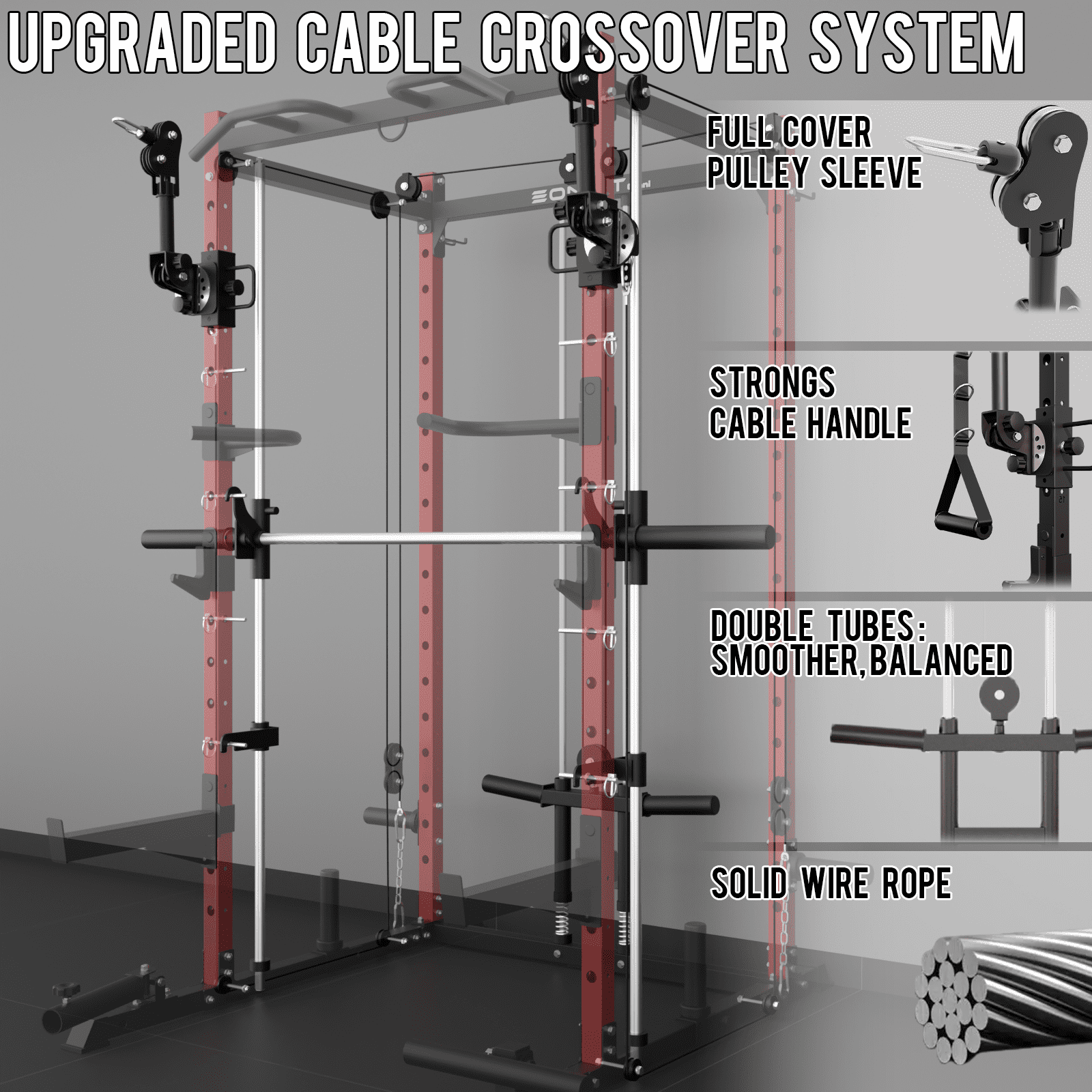 Eonfit E3 Smith Machine with 3D Rotating Arm for Home Gym Equipment, Multi-Function Power Cage Squat Rack with Cable Crossover LAT Pulldown Pulley System All in One (E3 RED PRO)