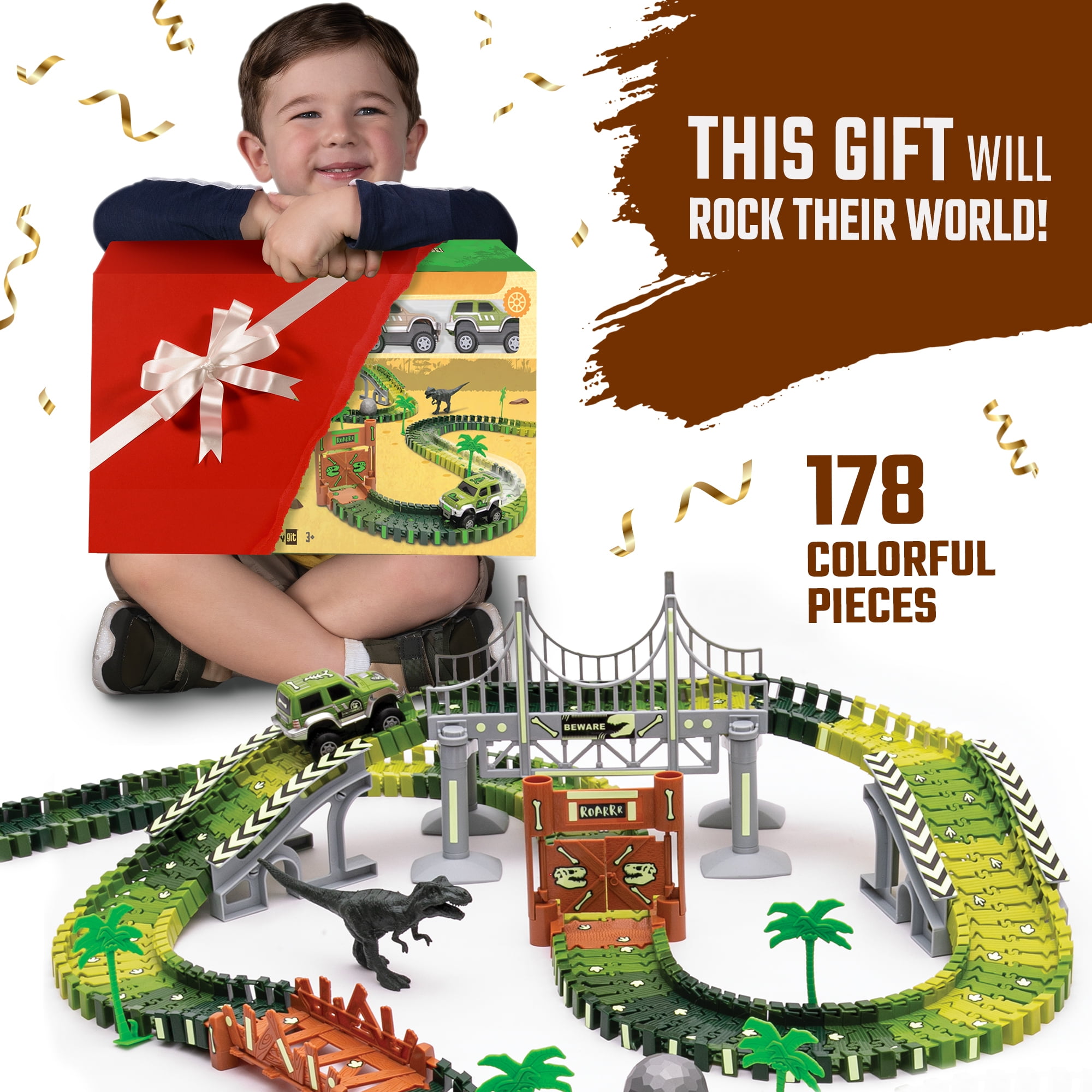 JitteryGit Dinosaur Toys Race Car Track STEM Set | Christmas Gifts For Boys Girls Kids Ages 3 4 5 6 7 8 Years Old