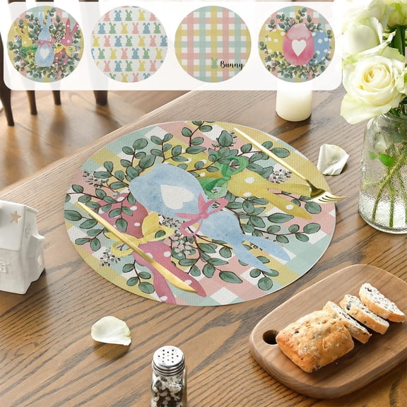 AZXY Easter Placemats, 14.17 Inch Round Watercolor Easter Eggs with Heart & Eucalyptus on Pastel Gingham Polyester Fiber Washable Heat Resistant Table Mats for Spring Kitchen Dining Decor