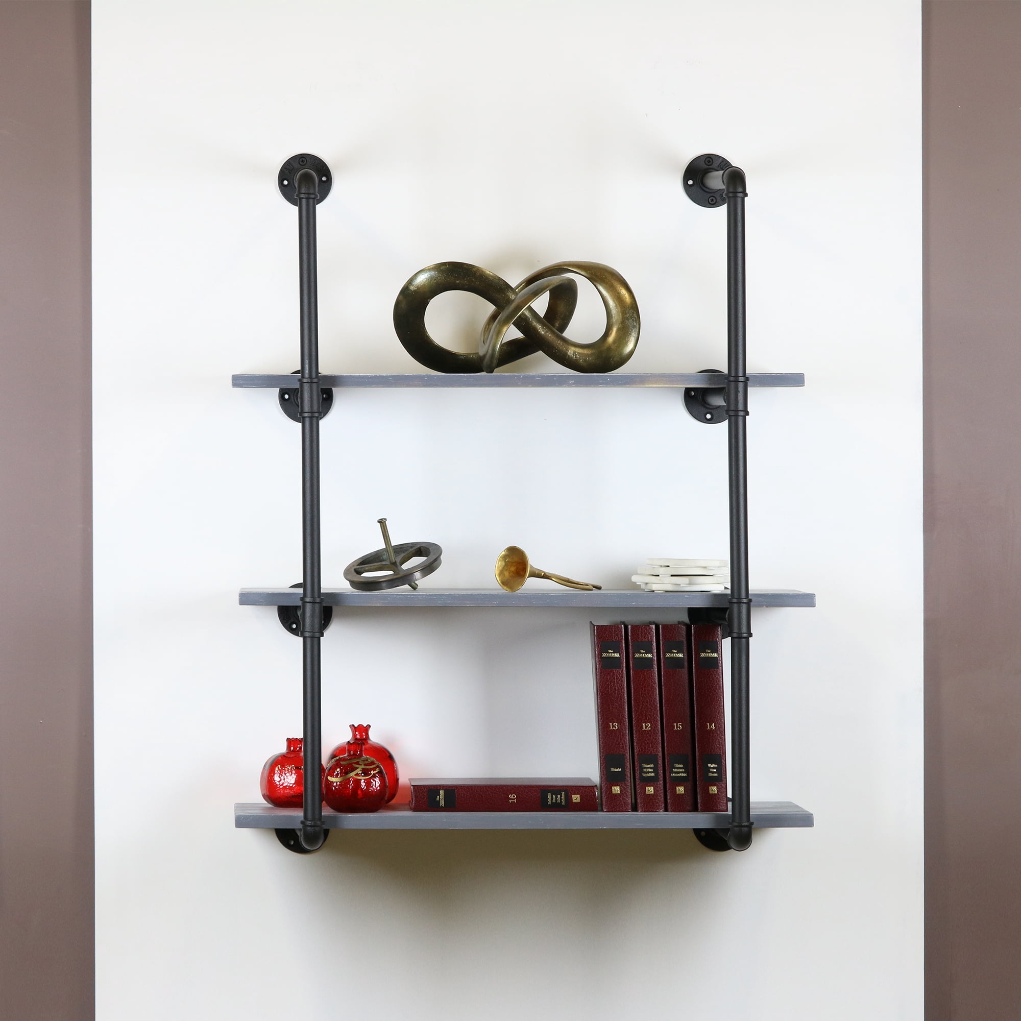 Warehouse of Tiffany Fetrior Black Pipe 3-Level Weathered Gray Floating Wooden Bookshelves
