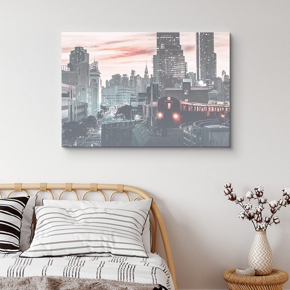 PixonSign Canvas Print Wall Art Vintage Film-Grain Trains in The City Architecture & Maps Cities Photography Realism Chic Scenic Colorful Blue Neon for Living Room, Bedroom, Office - 12"x18"