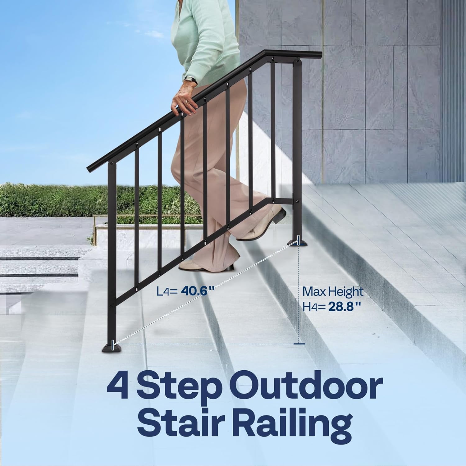 SPECSTAR 2-Pack Outdoor Handrails, 4-Step Galvanized Steel Hand Rails for Outdoor Steps – 27.1" Black Oval and Safety Balusters Exterior Railing Kit for Porch, Deck, or Indoor Stairs