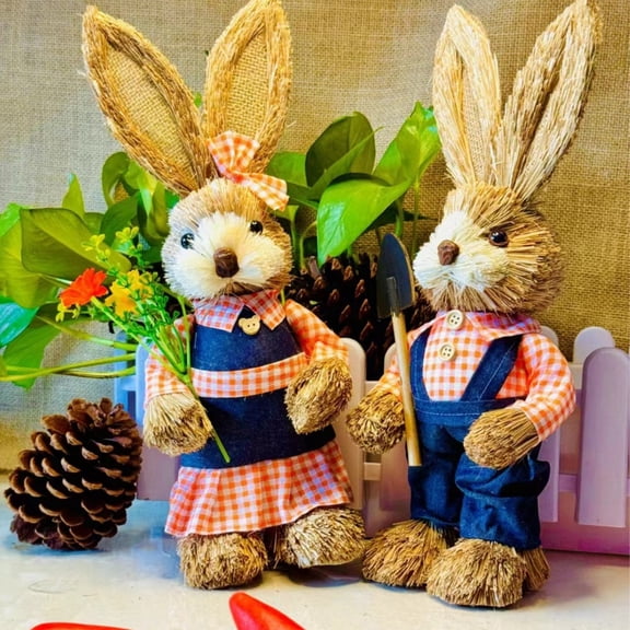 Set of 2 Easter Sisal Bunny Figurines, 14" Straw Rabbit Couple with Carrot & Egg, Rustic Spring Farmhouse Centerpieces for Table & Shelf, Handcrafted Easter Decor for Home(A)