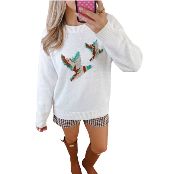 ZhiHiMeRi Women's Duck Print Sweater, Casual Round Neck Pullover XL