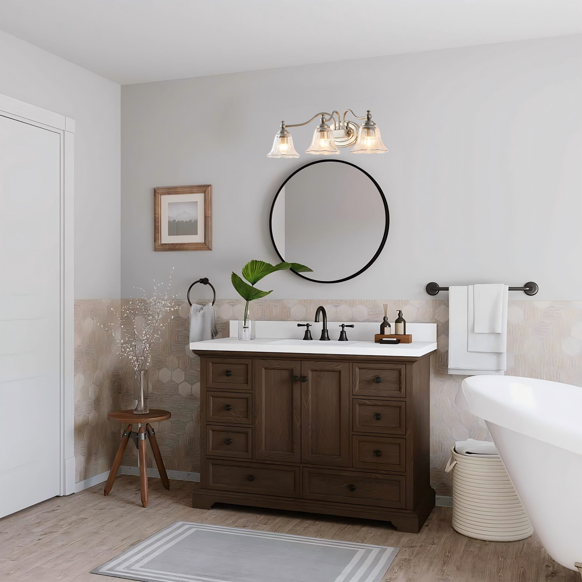 Brushed Nickel Vintage 3-Light Vanity Light, Bathroom Mirror Light with Floral Glass Shades, Farmhouse Wall Sconce for Bedroom