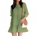 thumbnail image 1 of OUSITAID Women’s Summer Dress Short Sleeve Button Ruffle Sleeve  Neck Mini Dress Solid Color Loose Fit Short Flowy Pleated Dress, 1 of 5