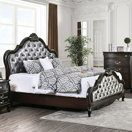 1piece California King Size Bed Espresso Finish Padded Fabric Bedroom Furniture