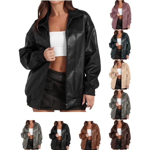 Casual Leather Jackets for Women Solid Color Leisure Long Sleeve Fashion Jackets Women's Non-Hooded Zip Up Jackets