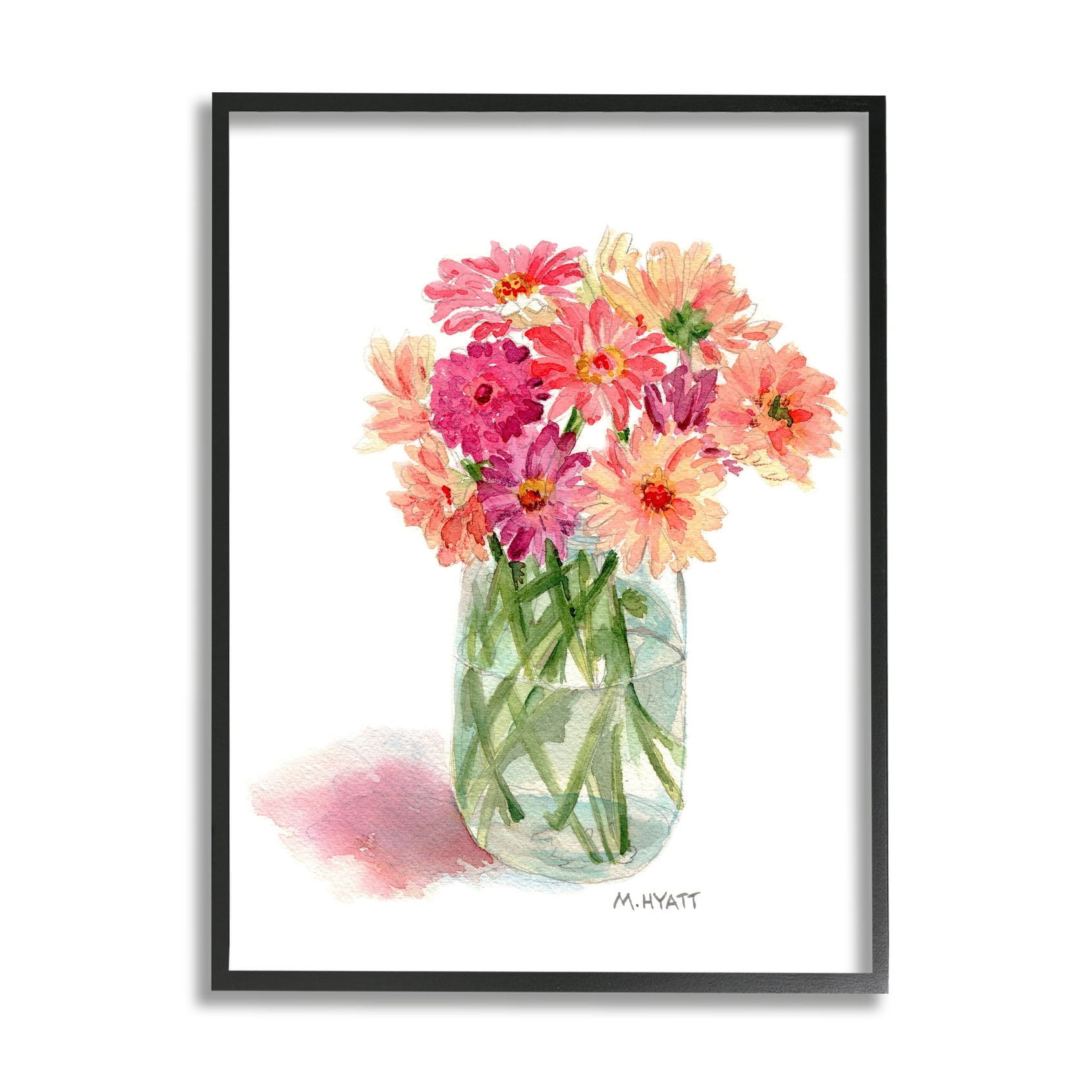 Stupell Industries Pink Daisy Watercolor Bouquet in Canning Jar Grey Framed, 11 x 14, Design by Melissa Hyatt LLC