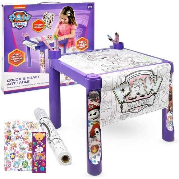 Paw Patrol Coloring & Craft Activity Art Table for Kids with Colorable Paper Roll, Crayons, Stickers and Plastic Table Holder