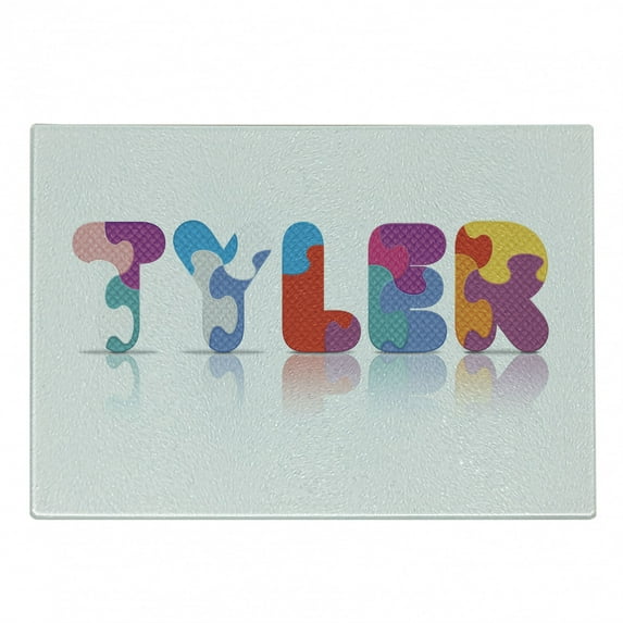 Tyler Cutting Board, Composition of Themed Colorful Letter Arrangement Name, Decorative Tempered Glass Cutting and Serving Board, Small Size, Multicolor, by Ambesonne