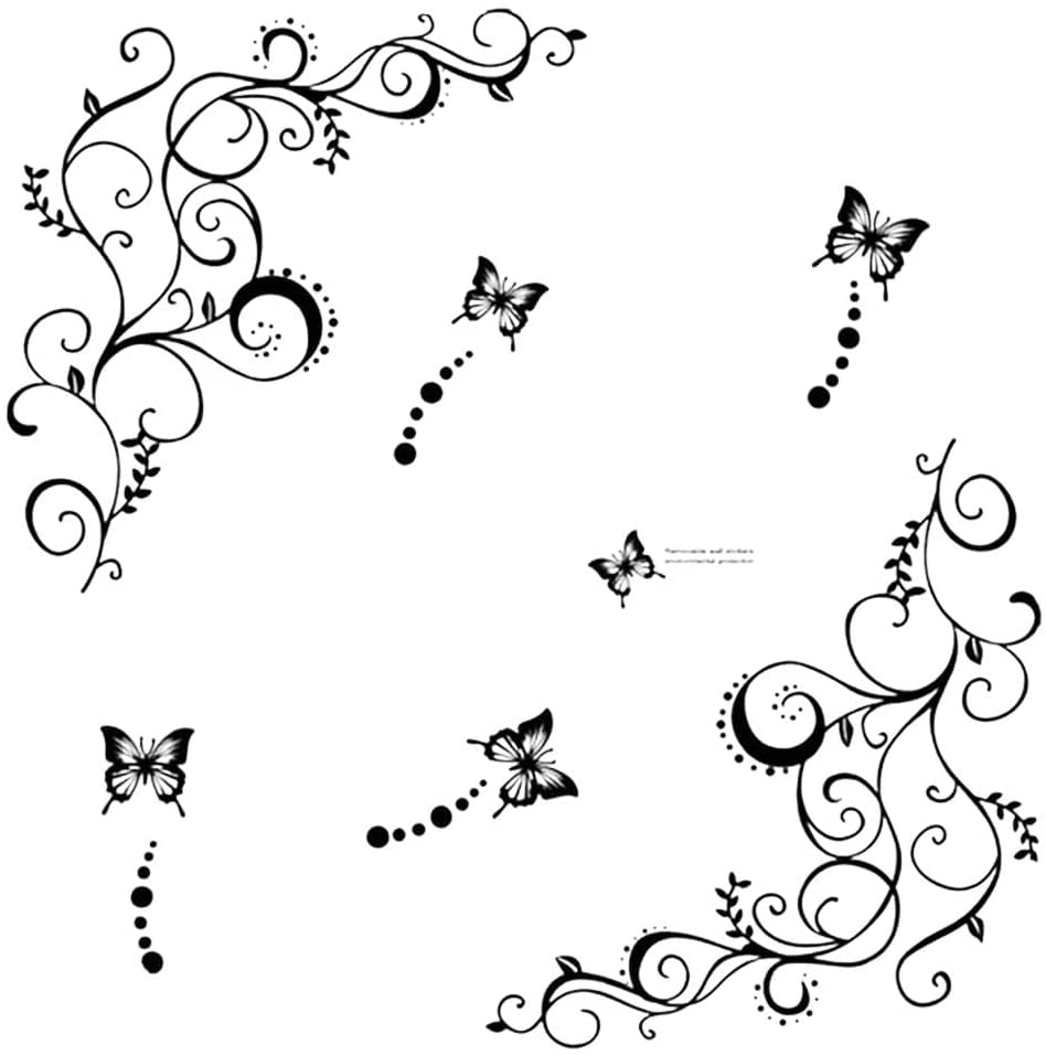 Amaonm Floral Butterfly Wall Decals – Removable Vinyl Stickers, DIY Black Flower Vine Decor For Bedroom, Living Room