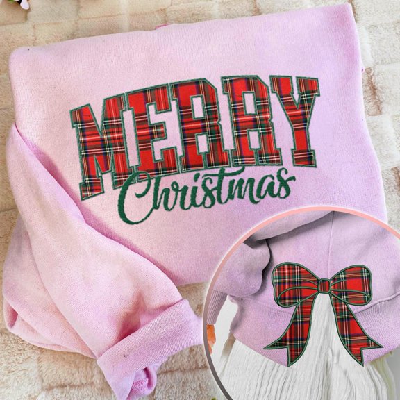 Merry Christmas Coquette Side Bow Sweatshirt, Retro Xmas Tree Lover Sweater, Bow Applique Pink Gifts