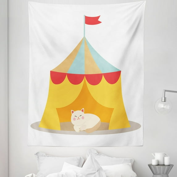 Kitten Tapestry, Furry Cat Kitten in a Circus Tent Smiling Fun Joy Famous Nostalgic Memory Art, Fabric Wall Hanging Decor for Bedroom Living Room Dorm, 5 Sizes, Yellow Red, by Ambesonne