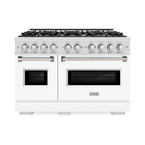 ZLINE 48 in. 6.7 cu. ft. Classic Double Oven Dual Fuel Range with 8 Burner Gas Cooktop in DuraSnow Stainless Steel with White Matte Doors (CDRS-WM-48)