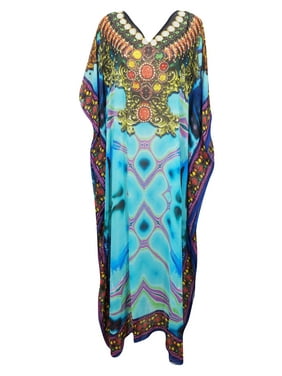 Mogul AQUA BLUE Jewel Print Maxi Kimono Caftan V Neck Beach Cover Up Resortwear Vibrant Kaftan One Size