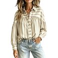 thumbnail image 2 of Boho Striped Button Down Shirt for Women, Vintage Long Sleeve Puff Sleeve Blouse, Oversized Loose Fit Casual Tops, Fall Fashion Tunic Khaki M, 2 of 5