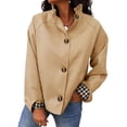 thumbnail image 2 of Womens Ruffle Stand Collar Short Trench Coat Single Breasted Cropped Jackets With Plaid Cuffs, M, 2 of 6
