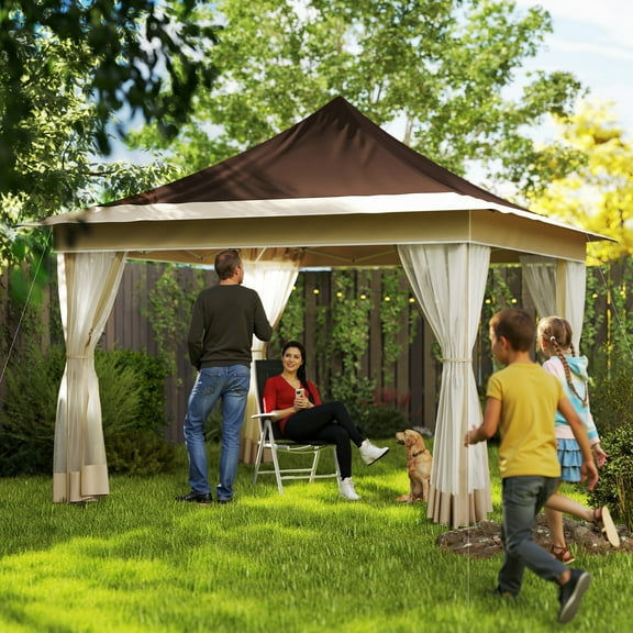 Outsunny 12 x 12 ft. Pop Up Canopy Tent with Mesh Netting, Height Adjustable, UPF50  Instant Sun Shelter, Brown