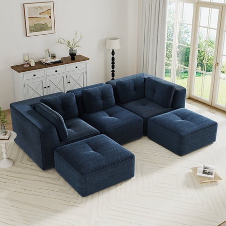 U-Shaped Modular Sectional Sofa, Corduroy Fabric 3-Seater Couch with Deep Seat & 2 Movable Ottomans, Tufted Design, No Assembly, Anti-Slip Base, Free Combination Living Room Furniture