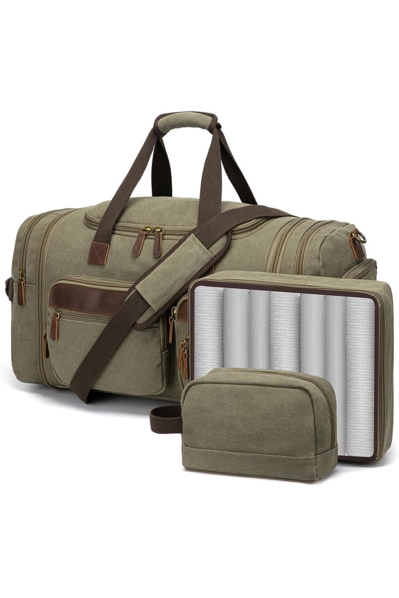 Mens Duffle Bag for Travel 60L Expandable Canvas Weekender Overnight Travel Duffel Bag with Shoe Compartment Carry- for Airplanes Army Green