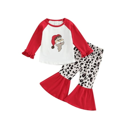 

xingqing 2-7Y Christmas Toddler Baby Girls Outfits Santa Leopard Print Long Sleeve T-Shirt Flare Pants Fall Winter Clothes Red Leopard 3-4 Years