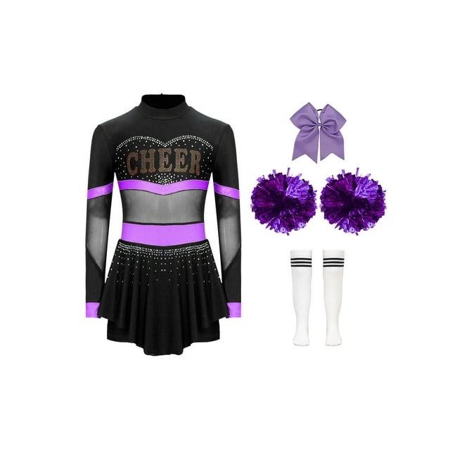 Ocealan Tenue de Meneuse de Claque de Noël pour Filles Enfants, Robe de Cheerleading, Uniformes avec Ensemble de Chaussettes à Pompon, Violet C 8