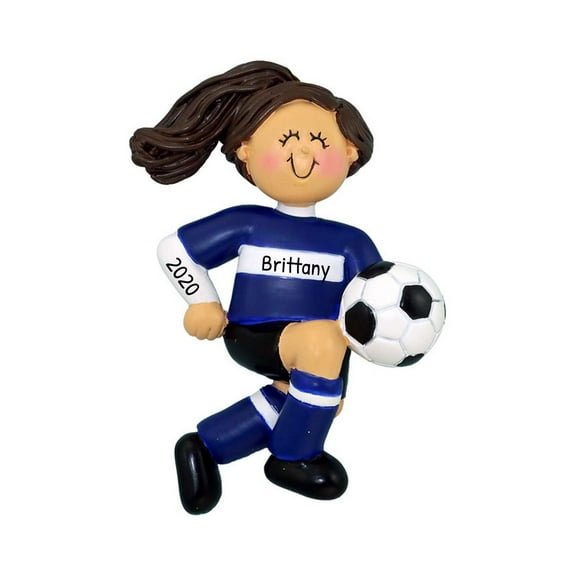 Ornaments by Elves Personalized Brunette Girl Soccer Player in Blue Uniform Ornament 2024 .25lbs