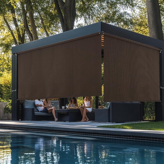 Outdoor Roller Shades, Cordless  Roller Up Blinds with Shade Cloth for Porch Gazebo Pergola Balcony Backyard, 2 Poles & 1 Fabric, Mocha, 48" Wx72 H