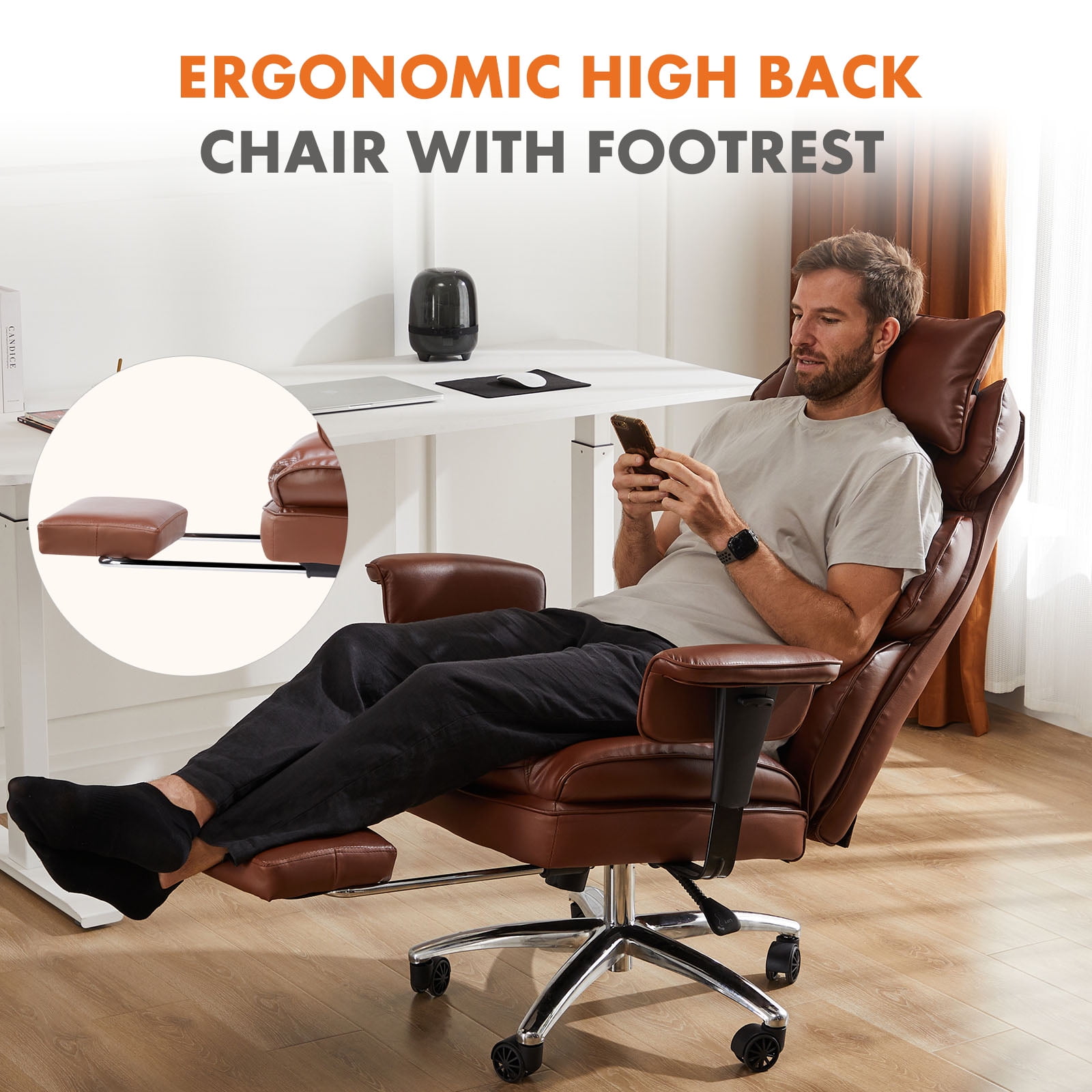 GIANNA Executive Home Office Desk Chair Ergonomic Big Tall High Back with Footrest & Lumbar Support, Reclining Height Adjustable Comfy PU Leather Computer Gaming with Swivel Wheels, Brown