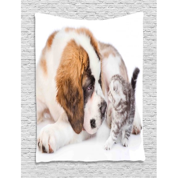 Dog and Cat Tapestry, Close Up Picturesque of Sniffing Animals, Wall Hanging for Bedroom Living Room Dorm Decor, 60W X 80L Inches, Pale Brown Dark Taupe Grey Pale Sepia and White, by Ambesonne