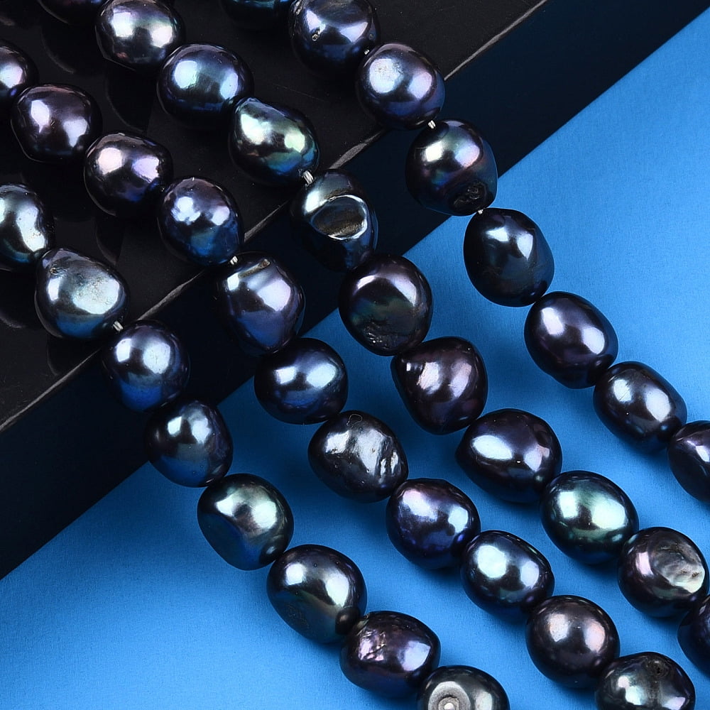 Natural Cultured Freshwater Pearl Beads Strands Baroque Pearls Keshi Pearl Beads Two Sides Polished Dyed Prussian Blue 9~12.5x8.5~12.5x8.5~10.5mm Hole: 0.7mm about 35~37pcs/strand 1Strand