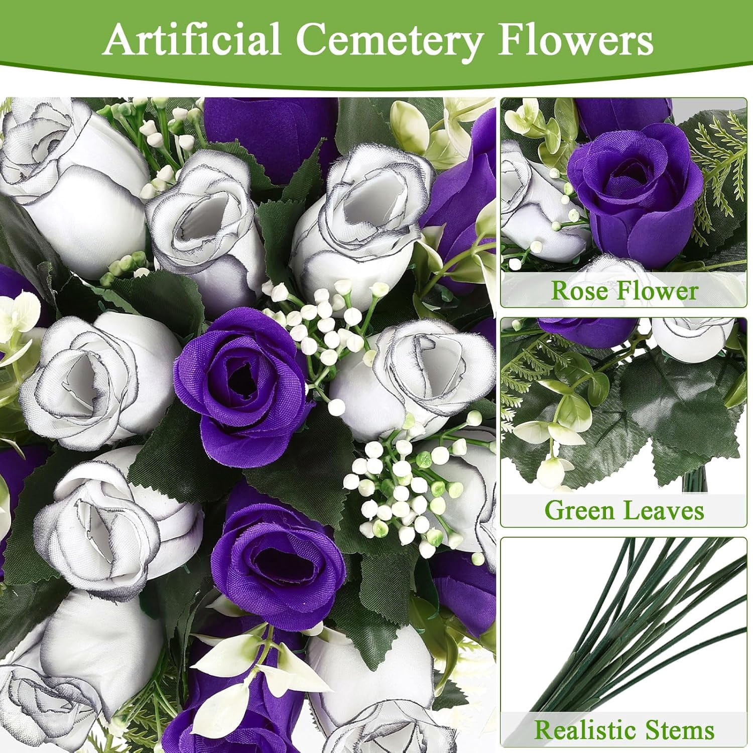 2Pcs Artificial Cemetery Flowers with Vase for Grave Silk Memorial Rose Flowers Outdoor Grave Flowers for Grave Vase Cemetery Flower Arrangements, Blue & White