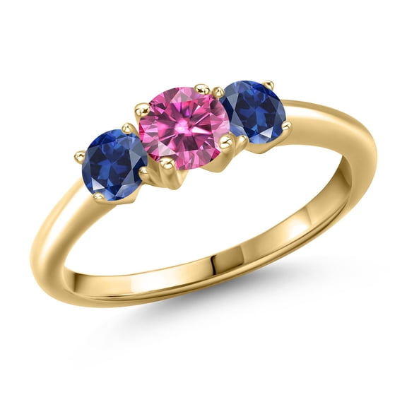 Gem Stone King 10K Yellow Gold Pink Moissanite and Blue Created Sapphire Engagement Ring for Women | 1.00 Cttw | Round 5MM | Gemstone Birthstone | Size 8