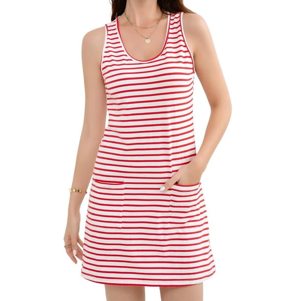 Vestido de Sueño de Algodón a Rayas sin Mangas Cuello Redondo Ajustado Vestido Corto Medio Imitación de Algodón, Casual Hogar Y Viaje para Mujeres