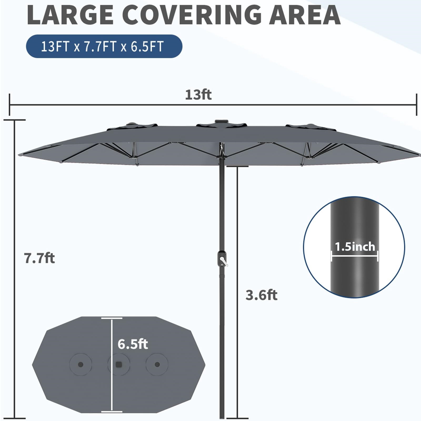 WildBreak Triple Size Large Patio Umbrella, with Crank Handle, Double-Sided, 13' x 6.5', Gray
