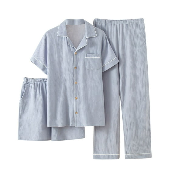 Mens Cotton Pajama Set 3Pcs Sleepwear Loungewear Short Sleeve Classic Button Down Top with Shorts and Long Pj Pants