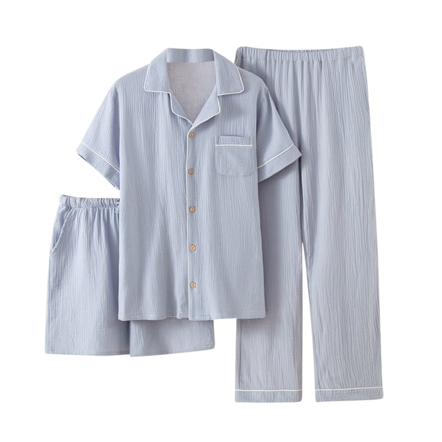 Pijama de verano para hombre, pantalones cortos finos de manga corta, conjunto de 3 piezas, ropa de casa de gasa de color sólido, conjunto de pijama transpirable para hombre, conjunto de pijama para h