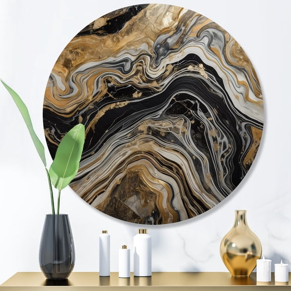 Designart "Geode Expedition Black and Gold Depths II" Abstract Marble Metal Round Art Print