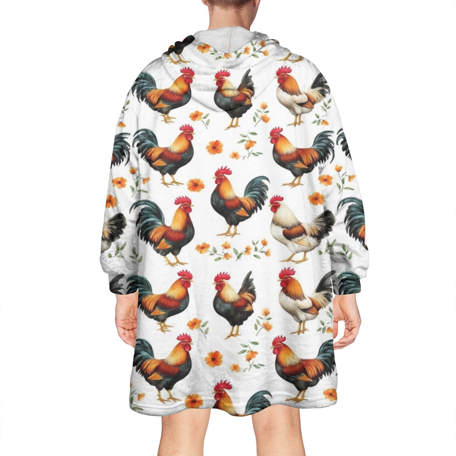 Wearable Oversized Blanket,White Chicken Orange Flower Pattern Wearable Blanket Hoodie for Adults,Cozy Hooded Blankets with Super Pockets,Super Warm Fuzzy Pullover for Women & Men