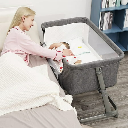 Pamo Babe Unisex Infant Bedside Sleeper Bassinet with Wheels and Floding Frame For 0-9 months Baby (Grey)