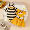 thumbnail image 4 of MIXUE Baby Girls Outfit Sets Summer Striped Print Round Neck Short Sleeve Rompers Cartoon Bee Suspender Skirts Hairband Three Piece Activewear,Yellow,9-12 Months, 4 of 9