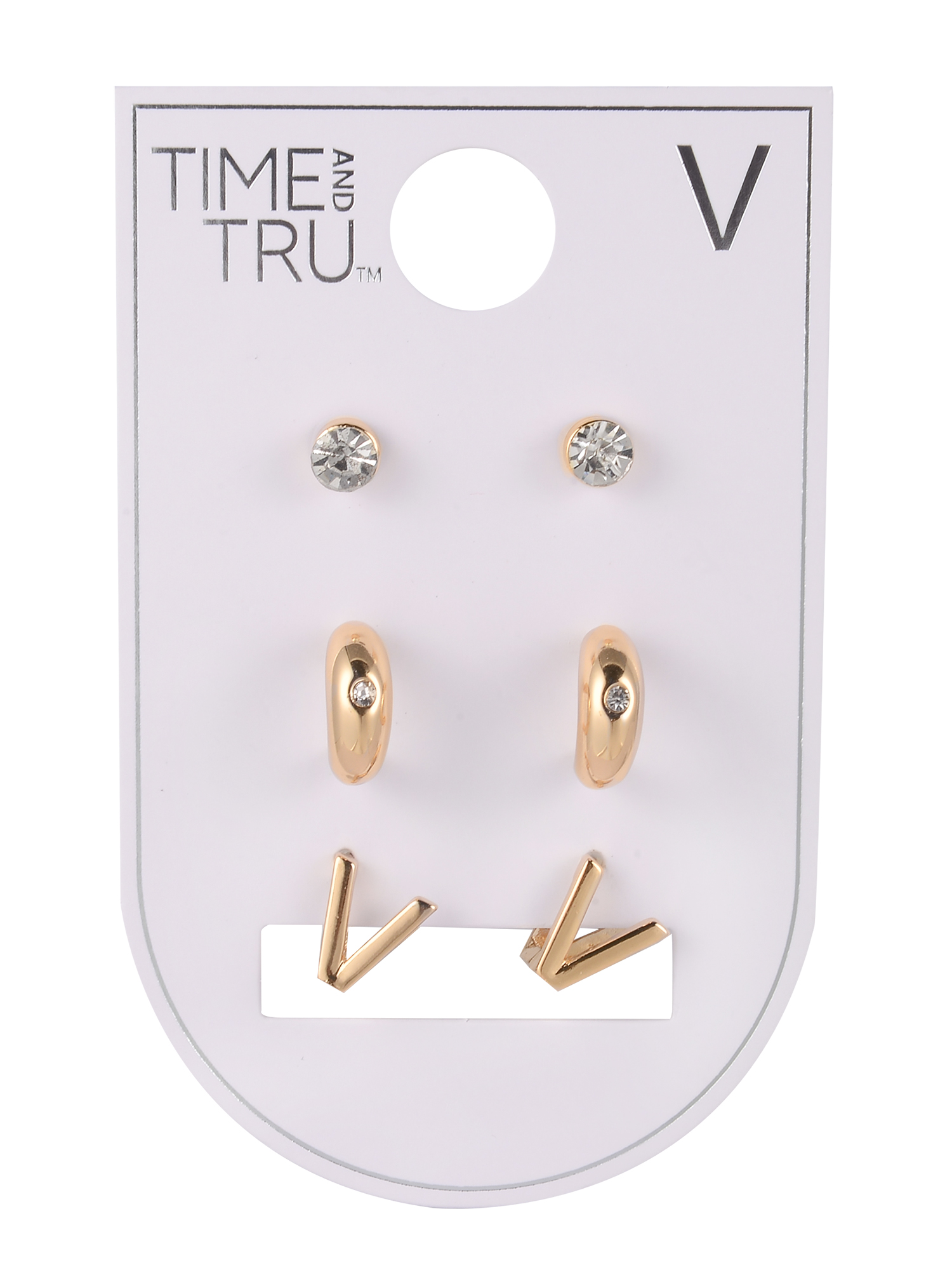 Time and Tru Goldtone 3-On Crystal Stud, Hoop, Initial "V" Earring Set