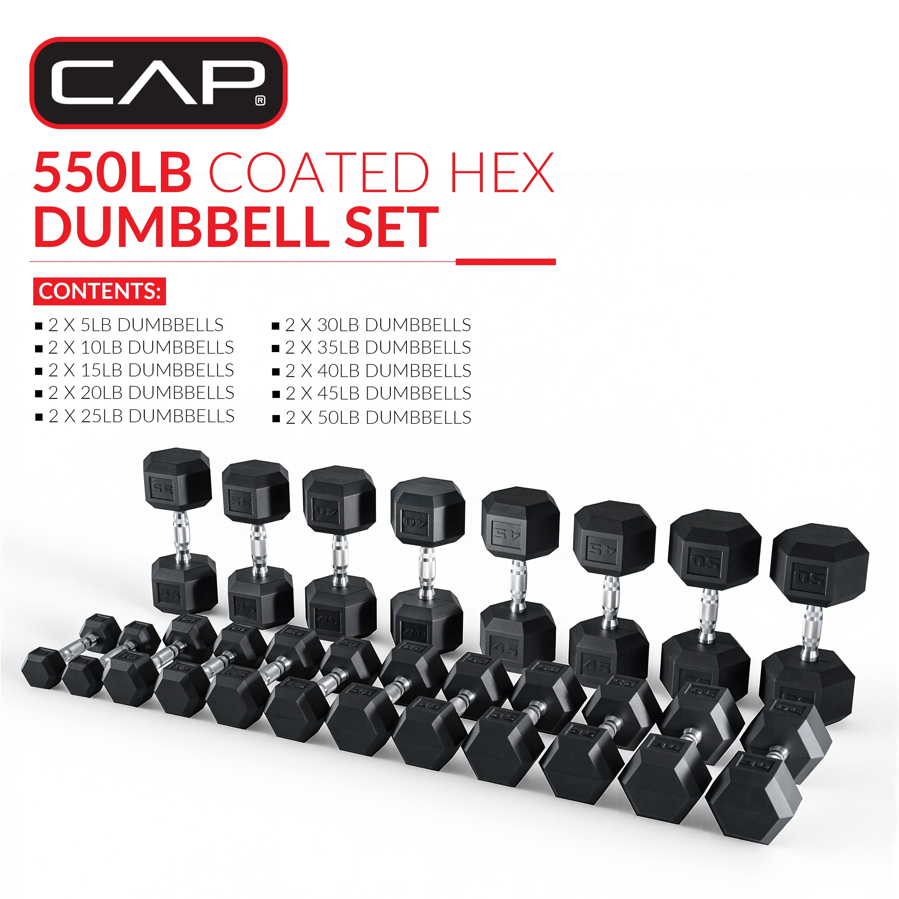 CAP 550lb Rubber Hex Dumbbell Set, Free Weights for Home Gym Strength Training