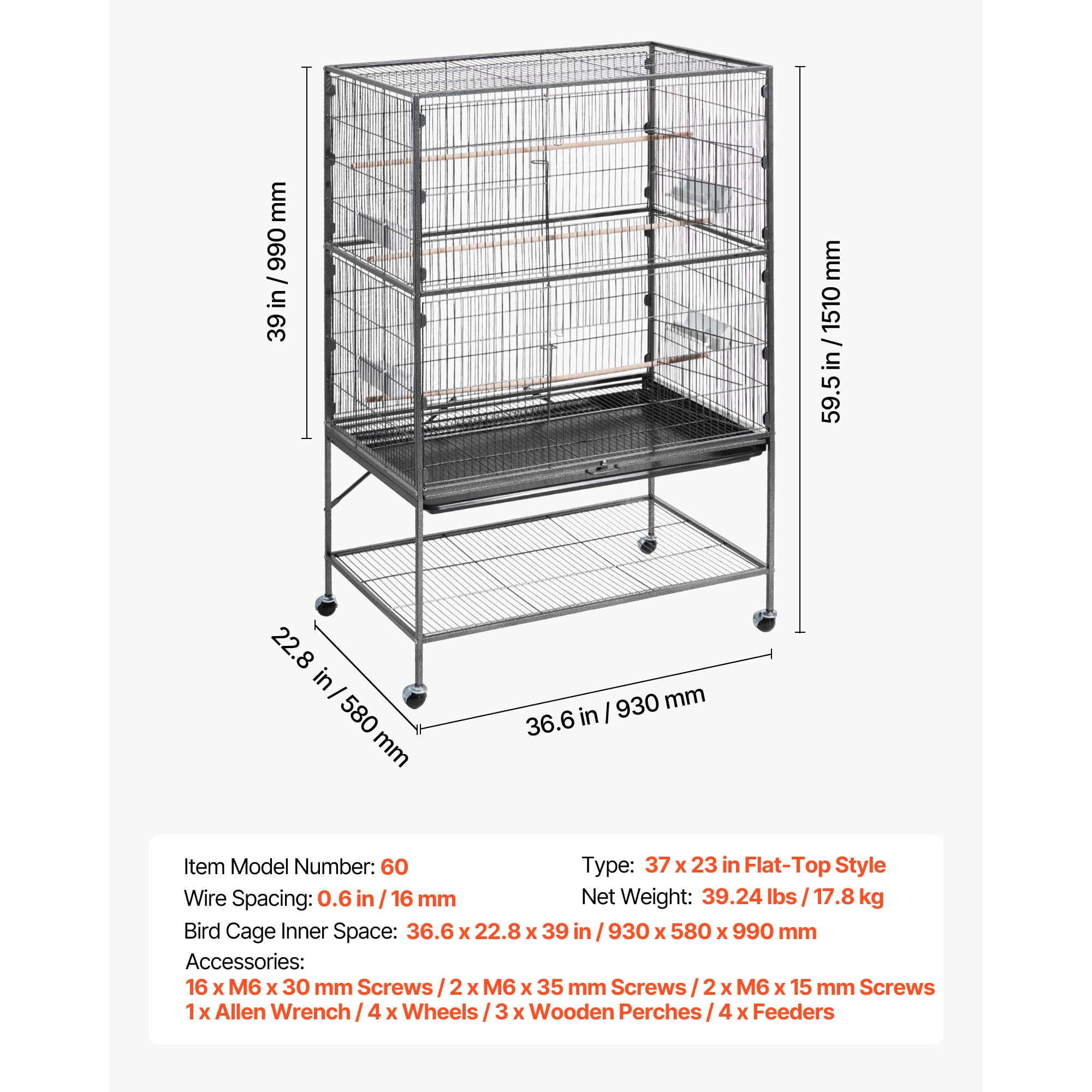 KFFKFF Spacious Bird Cage, 36.6 x 22.8 x 59.5 inch, Flat Top Design, Durable Wrought Iron Construction with Perches, Removable Tray, and Plastic Feeders, Suitable for Various Bird Species