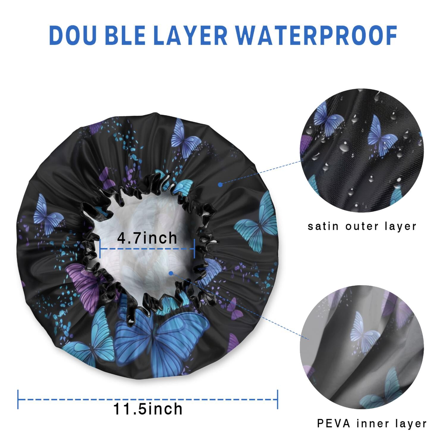 Shower Caps,Black Blue Purple Butterfly Pattern Waterproof Shower Cap for Women 4 Pieces,Double Reusable Hair Cover for Shower PEVA Elastic Stretch Hem