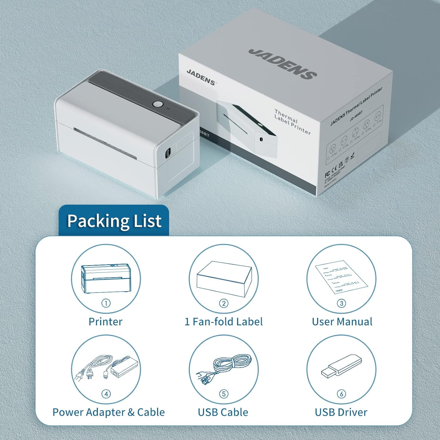JADENS Bluetooth Thermal Label Printer, 4x6 Wireless Shipping Label Printer for Small Business and Packages, Compatible with Smartphones, Windows, White