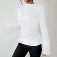 thumbnail image 4 of ManxiVoo Ribbed Boat Neck Bell Sleeve Top for Women Long Sleeve Ruched Detail Y2K Inspired Going Out Tops 2025 Trendy Casual Wear S Size White, 4 of 9