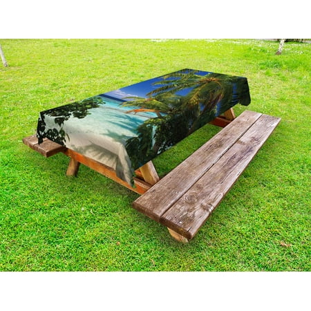 

Plant Outdoor Tablecloth Tropical Paradise at Maldives with Palms Blue Sky Beautiful Beaches Tranquility Decorative Washable Fabric Picnic Tablecloth 58 X 104 Inches Sky Blue Green by Ambesonne